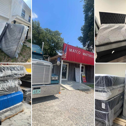 The picture of the mattress store in Pensacola shows a well-organized display of building and different types and sizes of mattresses. 